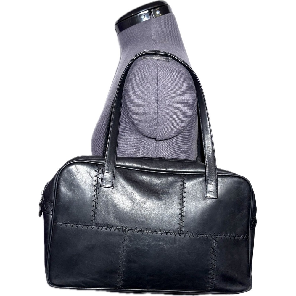 Vtg Y2K BCBG Patchwork Bag Grunge Black‎ Italian Leather Fair DAMAGED